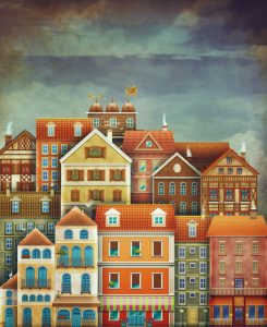 Group of houses along coast of river