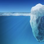 Underwater view on big iceberg floating in ocean. 3D rendered illustration.