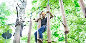 A Caucasian man with a beard and wearing a yellow helmet participates in a ropes course activity in the trees